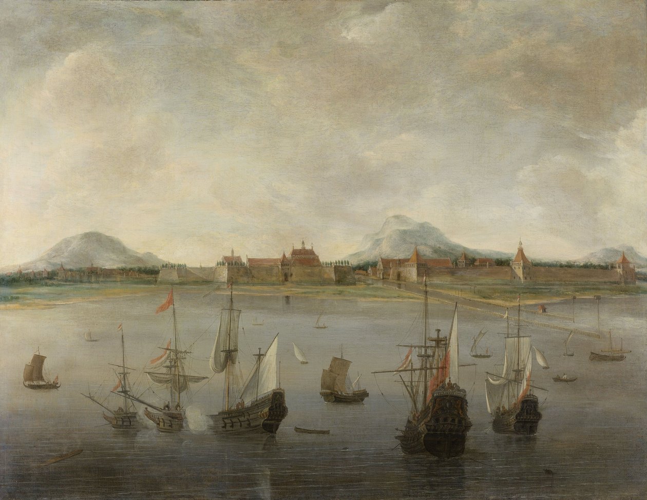 Utsikt over Batavia med fjellkjeden Salak, Pangerango og Gede. 1640-76 av Hendrick Dubbels