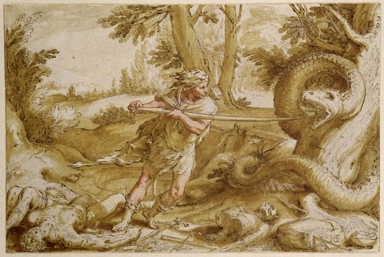 Cadmus i ferd med å angripe en drage (penn- og blekktegning med brun vask og hvit utheving) av Hendrik Goltzius