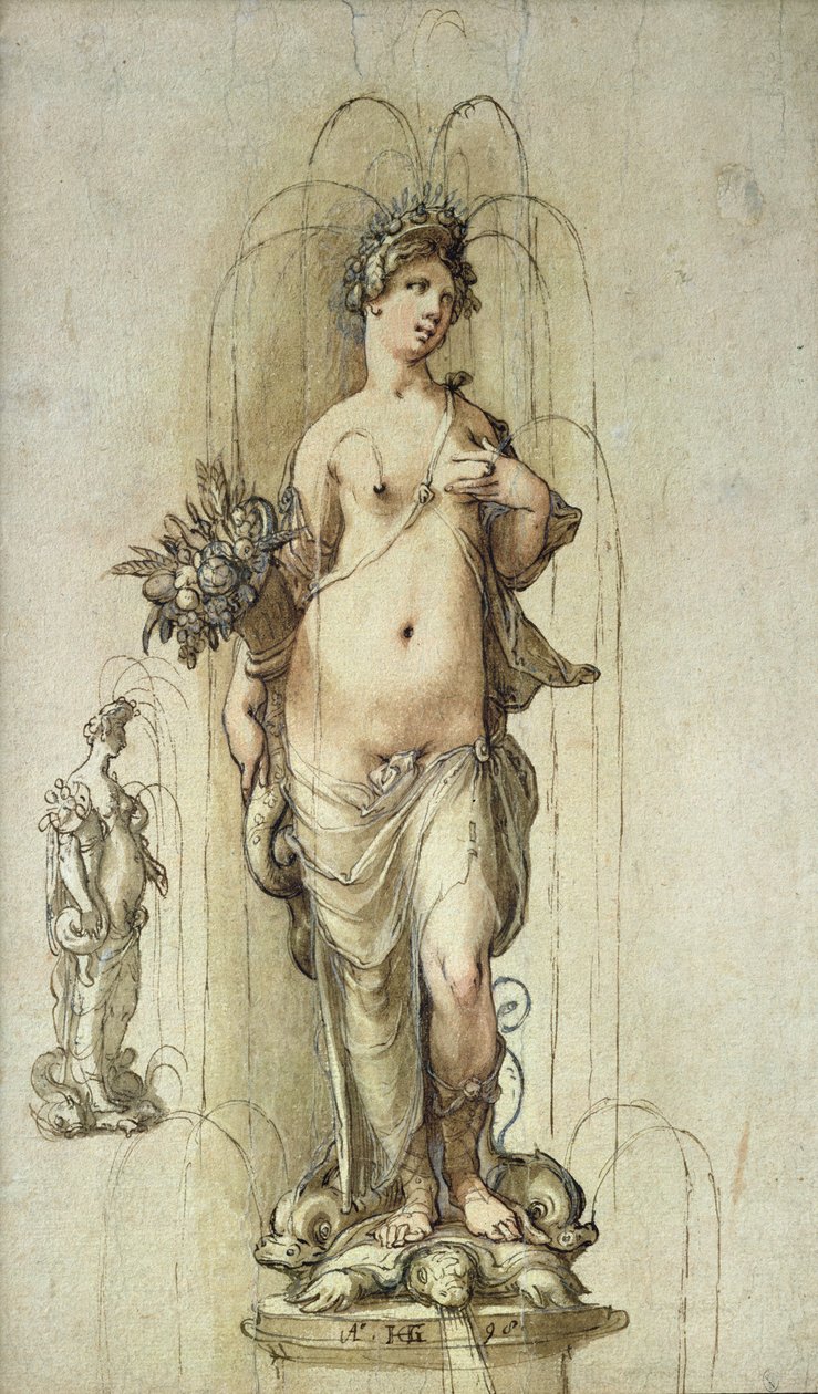 Design for en fontene med en figur av Overflod, 1598 (penn og brunt blekk og wc på papir) av Hendrik Goltzius