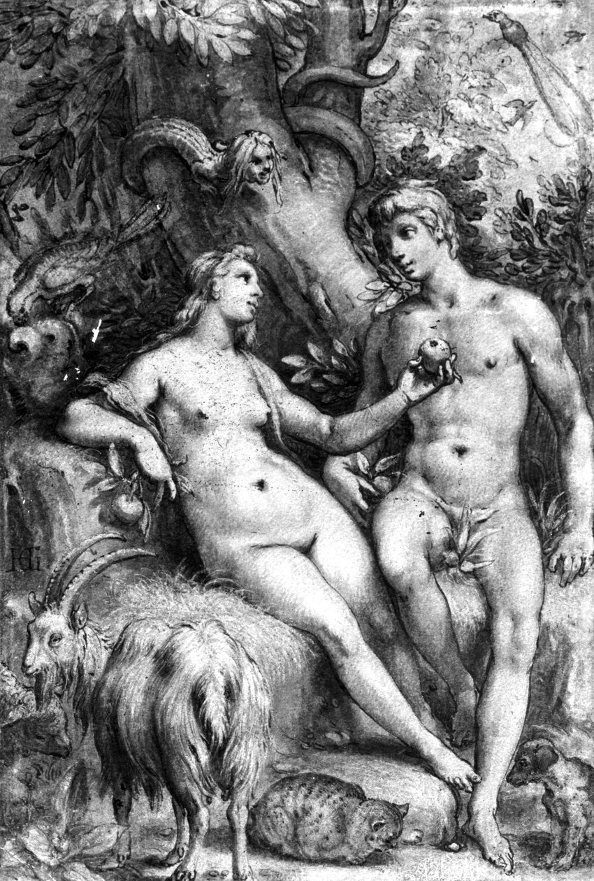 The Temptation, ca. 1597 (penn, blekk og vask på papir) av Hendrik Goltzius