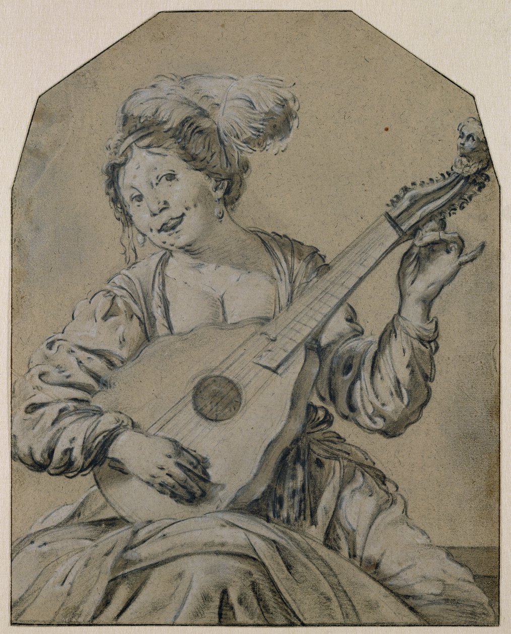Lutespilleren (svart og hvitt kritt på papir) av Hendrick ter Brugghen