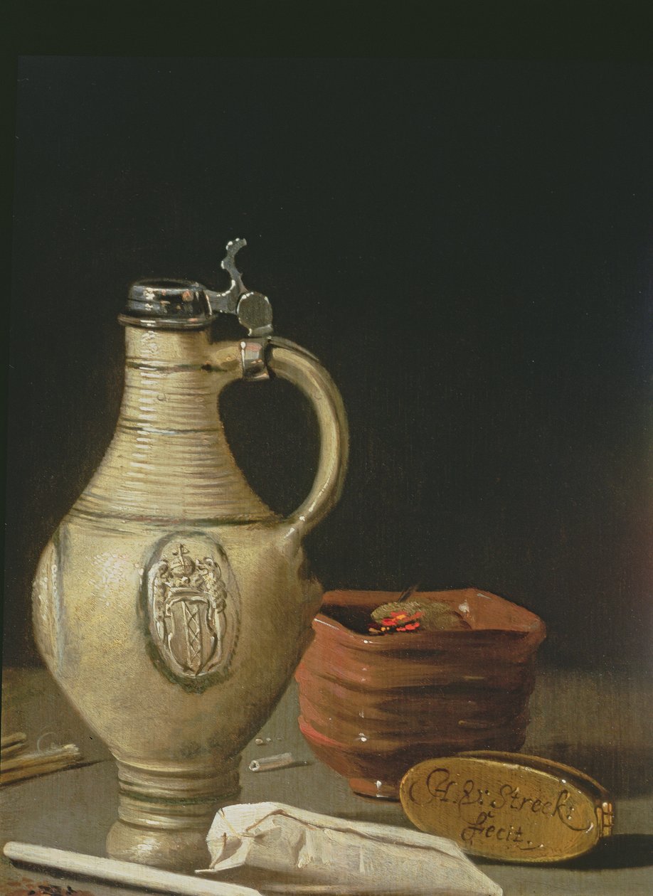 Stilleben med en lergods fra Amsterdam, bolle med kull og tobakkspose av Hendrick van Streeck