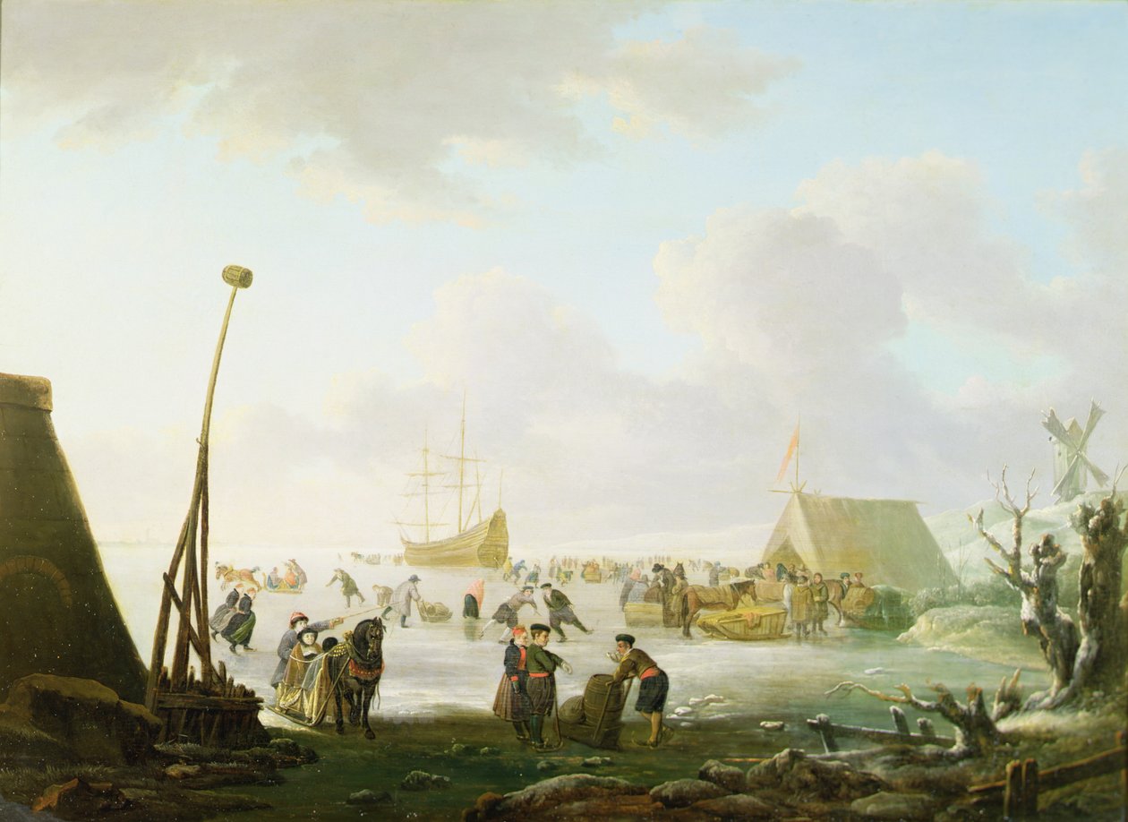 Et omfattende landskap med sleder og skatere med et skip låst i isen (olje på panel) av Hendrick (manner of) Avercamp