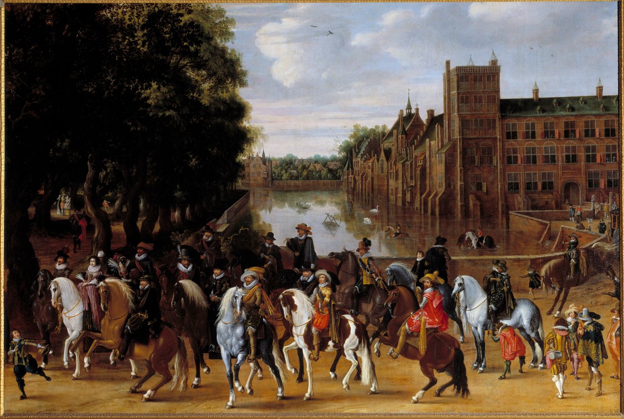 Familien til prinser av Orange Representasjon av Maurice de Nassau, Prince of Orange, på den grå hesten, Frederic Henri d'Orange Nassau har sin rett av Hendrick Ambrosius Pacx