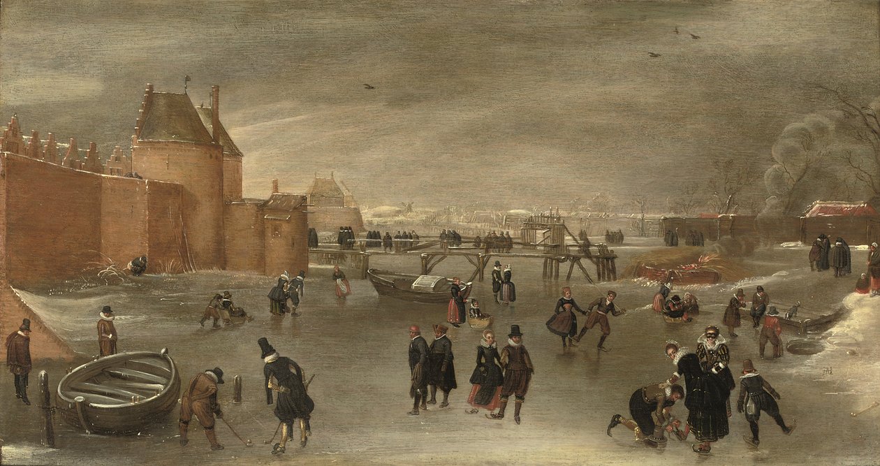 Skatere, kolfspillere og sleder på en frossen elv nær St. Janspoort byport, med Kruispoort i bakgrunnen og den rosa møllen bortenfor, Haarlem (olje på panel) av Hendrick Avercamp (studio of)