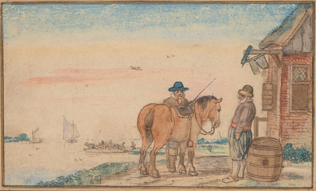 En rytter som snakker med en mann på et vertshus av Hendrick Avercamp