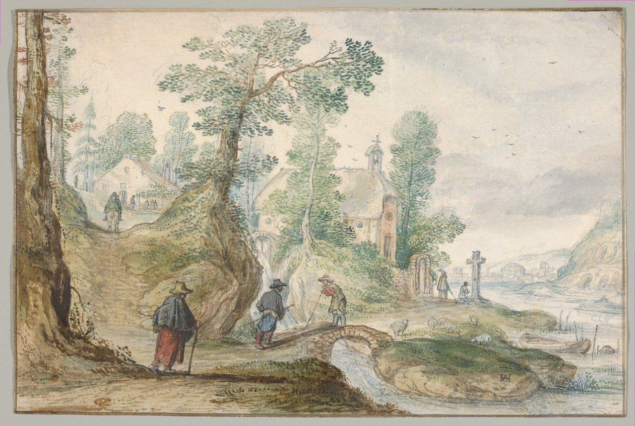 Skogkledd elvelandskap med en kirke og figurer av Hendrick Avercamp