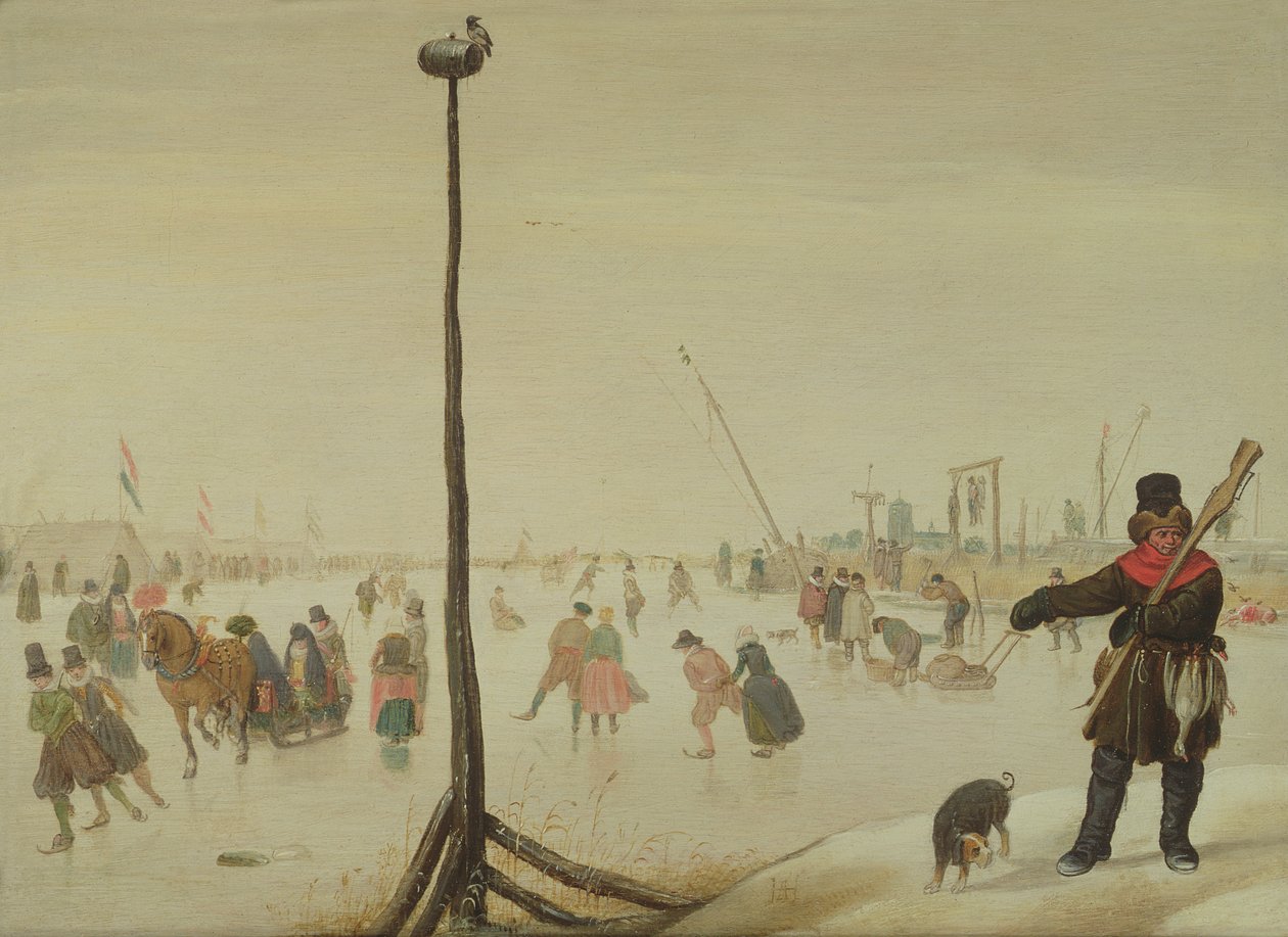 En andejeger og hunden hans i et vinterlandskap (panel) av Hendrick Avercamp