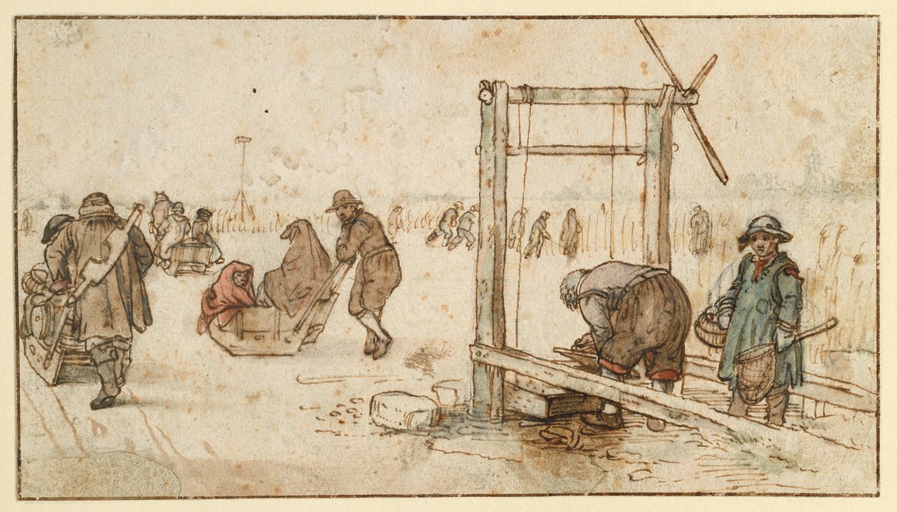 Tre sleder på isen av Hendrick Avercamp