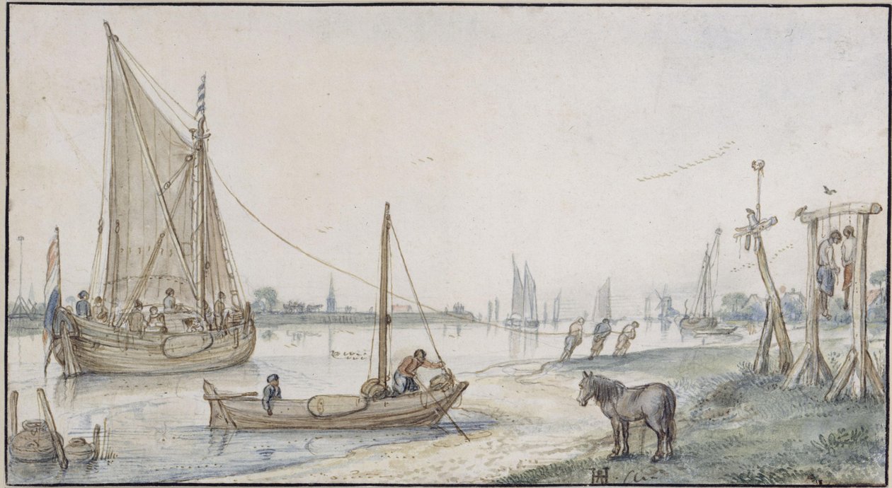 Elvelandskap med en slept seilbåt, foran til høyre en galge med to hengte av Hendrick Avercamp