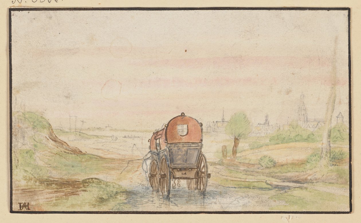 Landevei med en rød vogn av Hendrick Avercamp