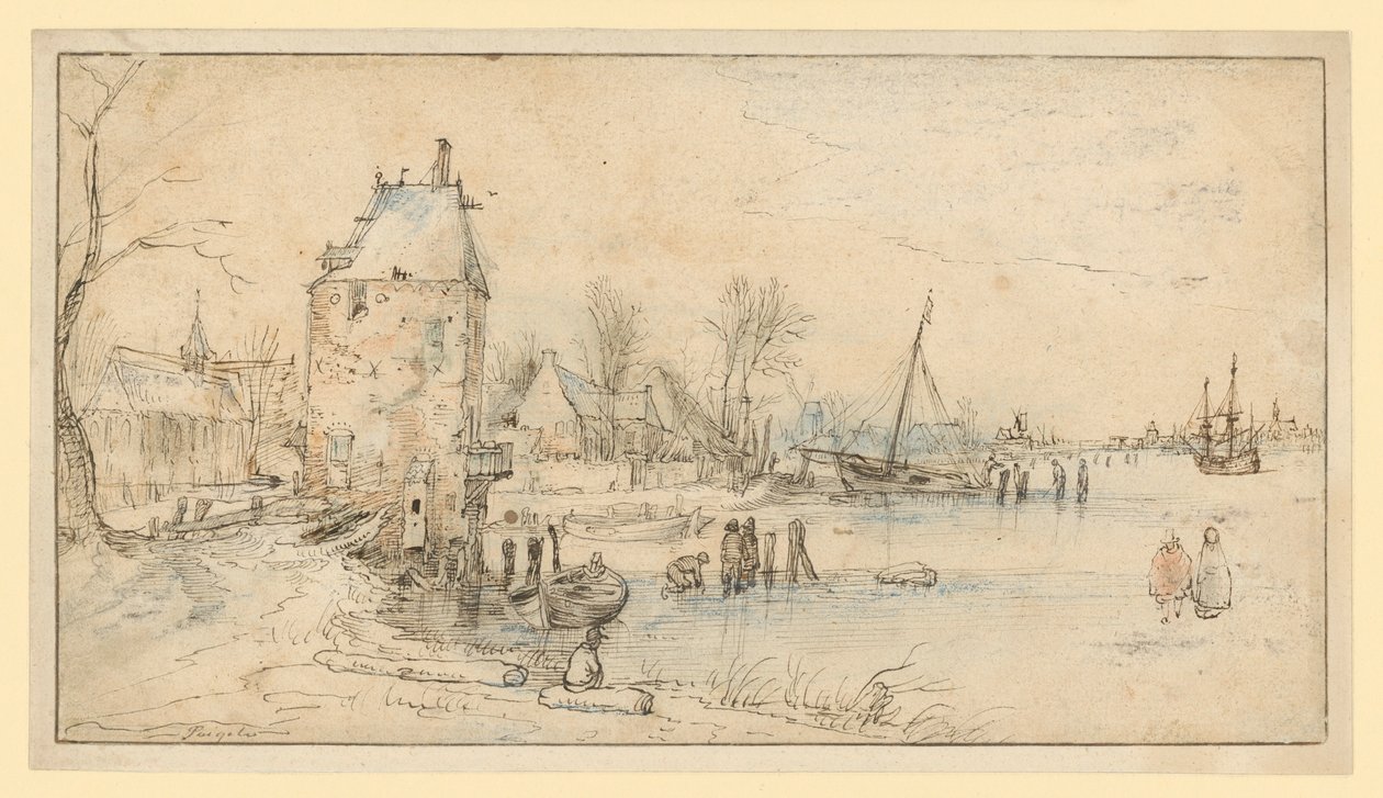 Landsby med vakttårn og kirke ved innsjøbredden av Hendrick Avercamp