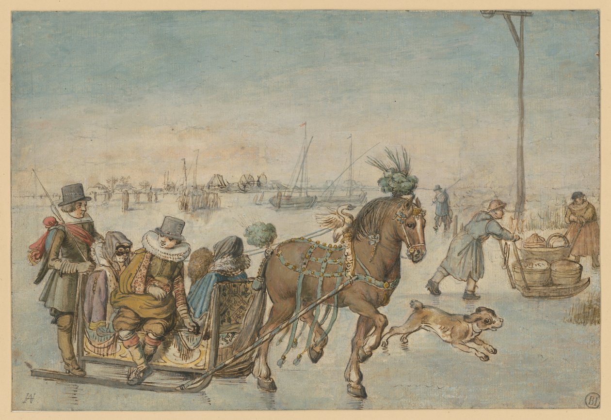 Hesteslede på isen av Hendrick Avercamp
