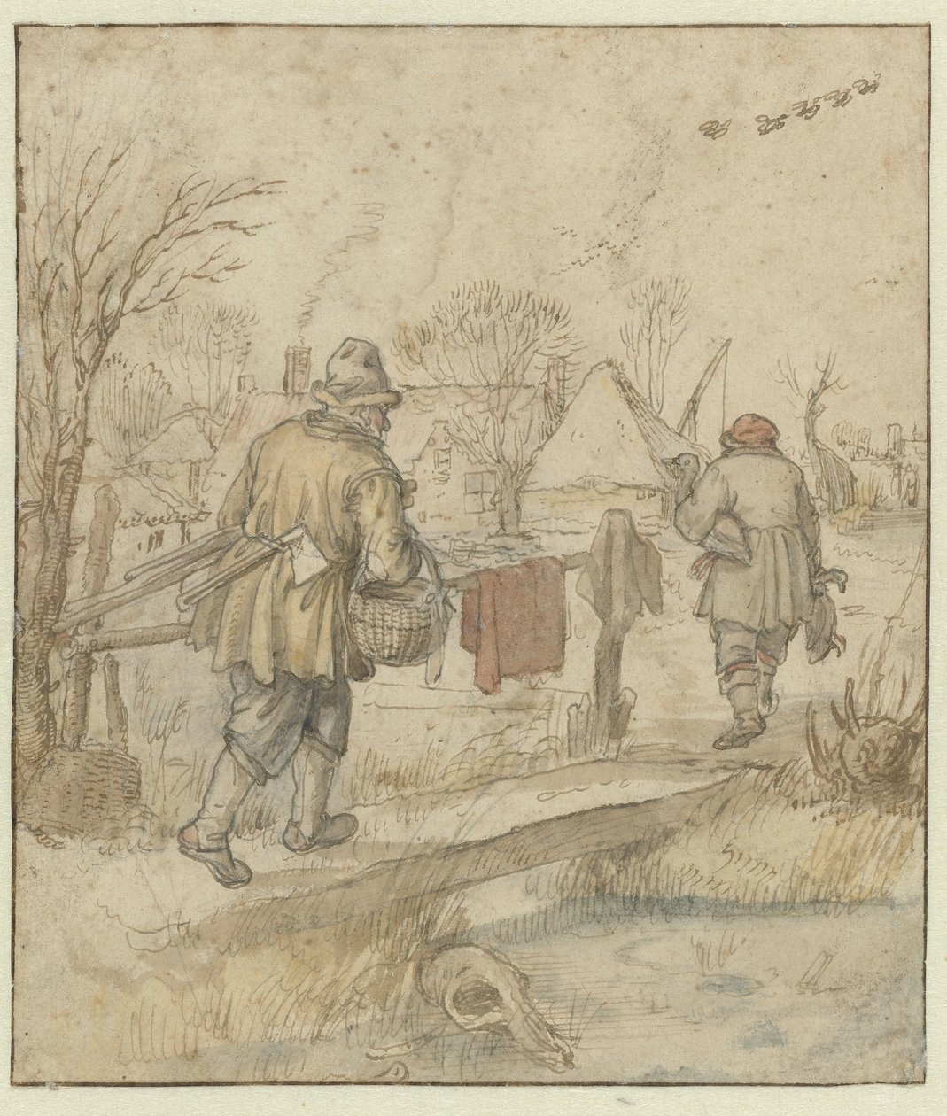 Return of the Duck Hunters / verso: Skisser av skip og av en mann i vinterklær av Hendrick Avercamp