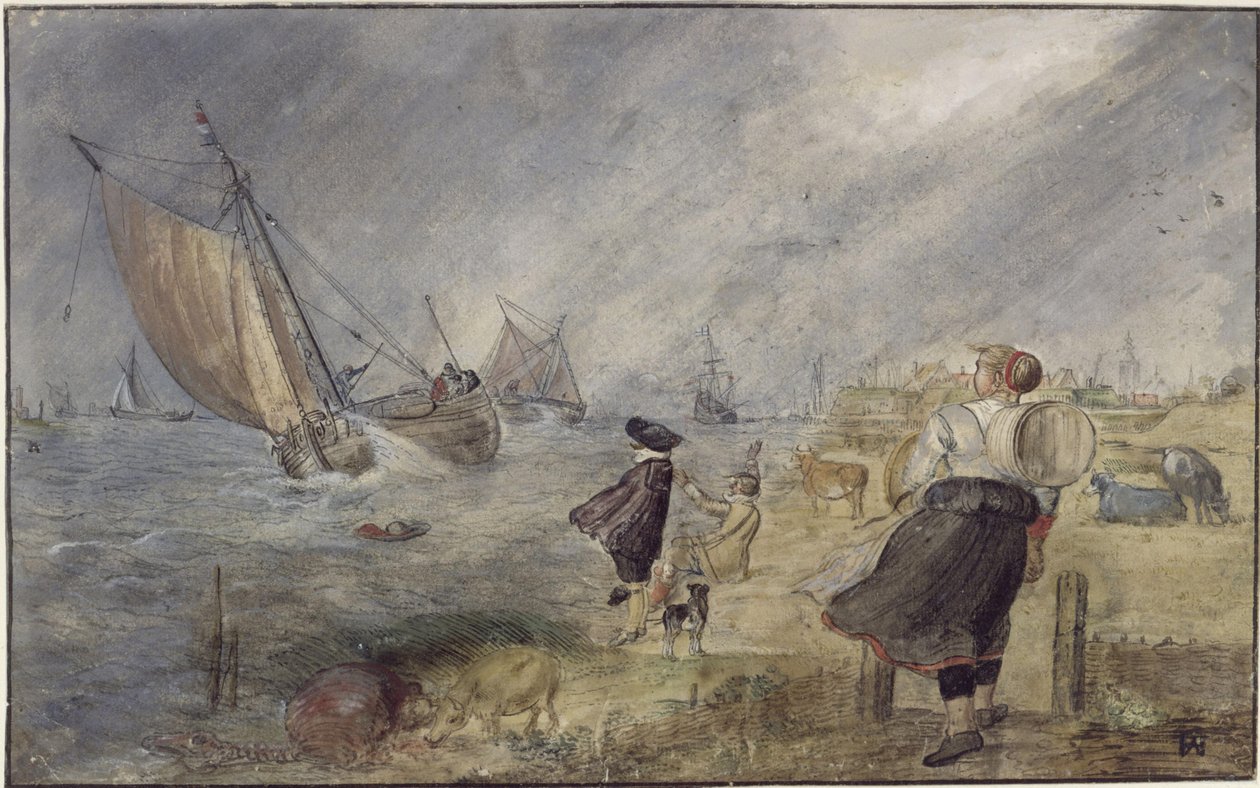 Innsjøbred i storm med figurer av Hendrick Avercamp