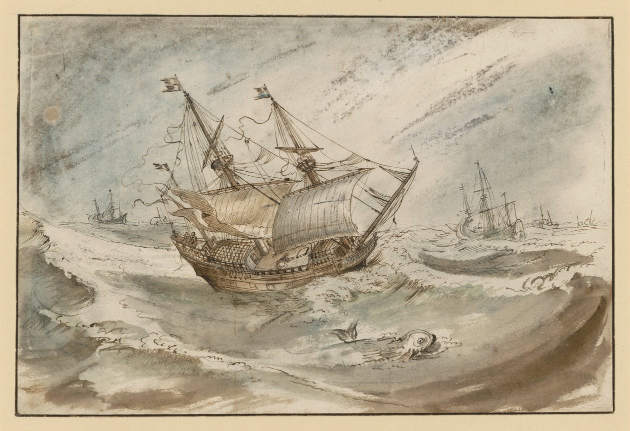 Stormfullt hav med stort seilskip av Hendrick Avercamp