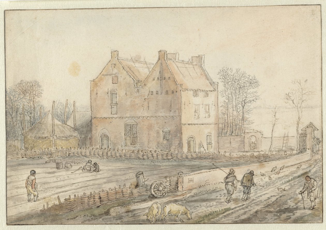 Utsikt over et landsted med såere i marken av Hendrick Avercamp