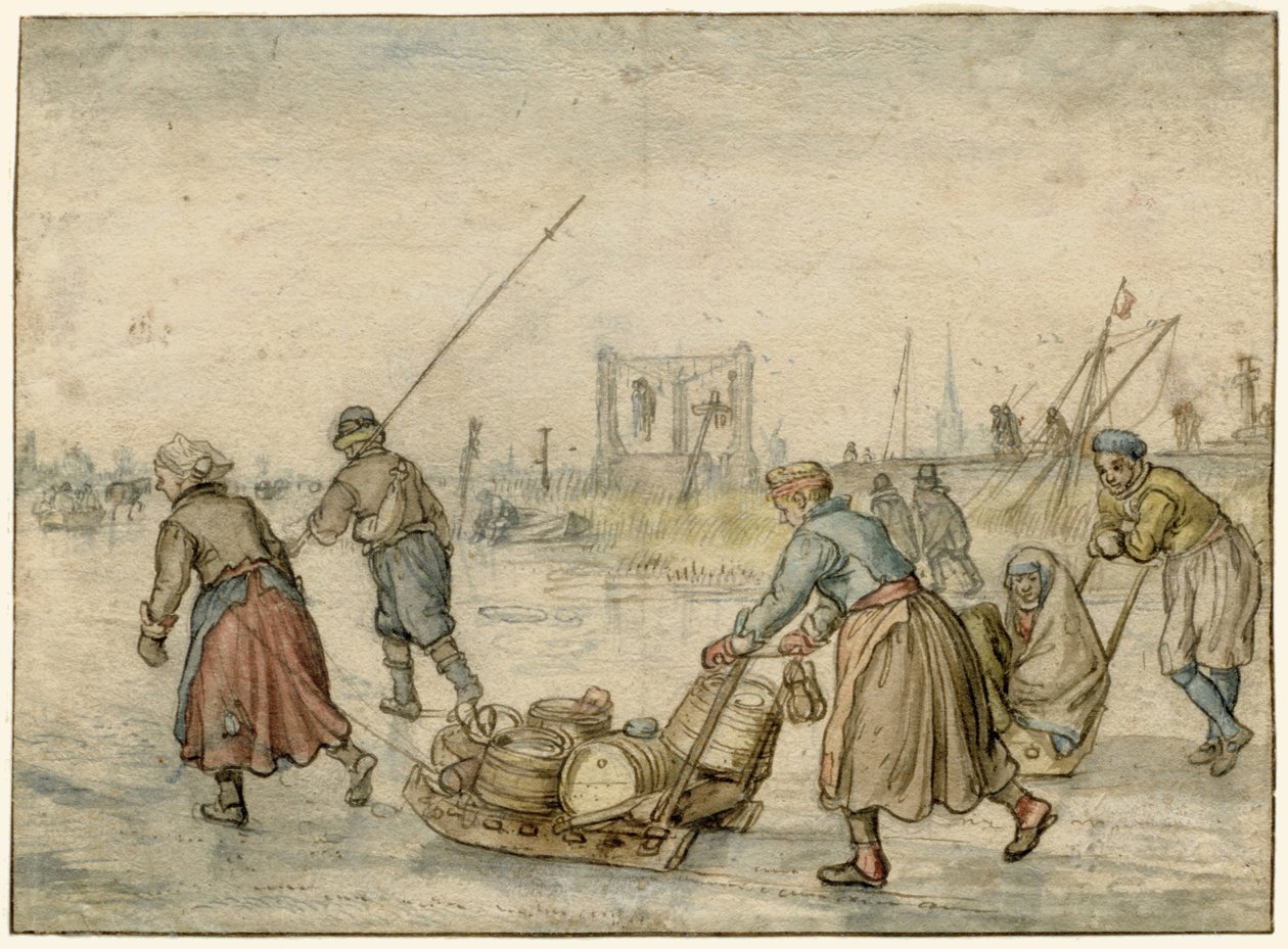 Vinterlandskap med to kvinner og en slede og andre figurer på isen, en galge i det fjerne av Hendrick Avercamp