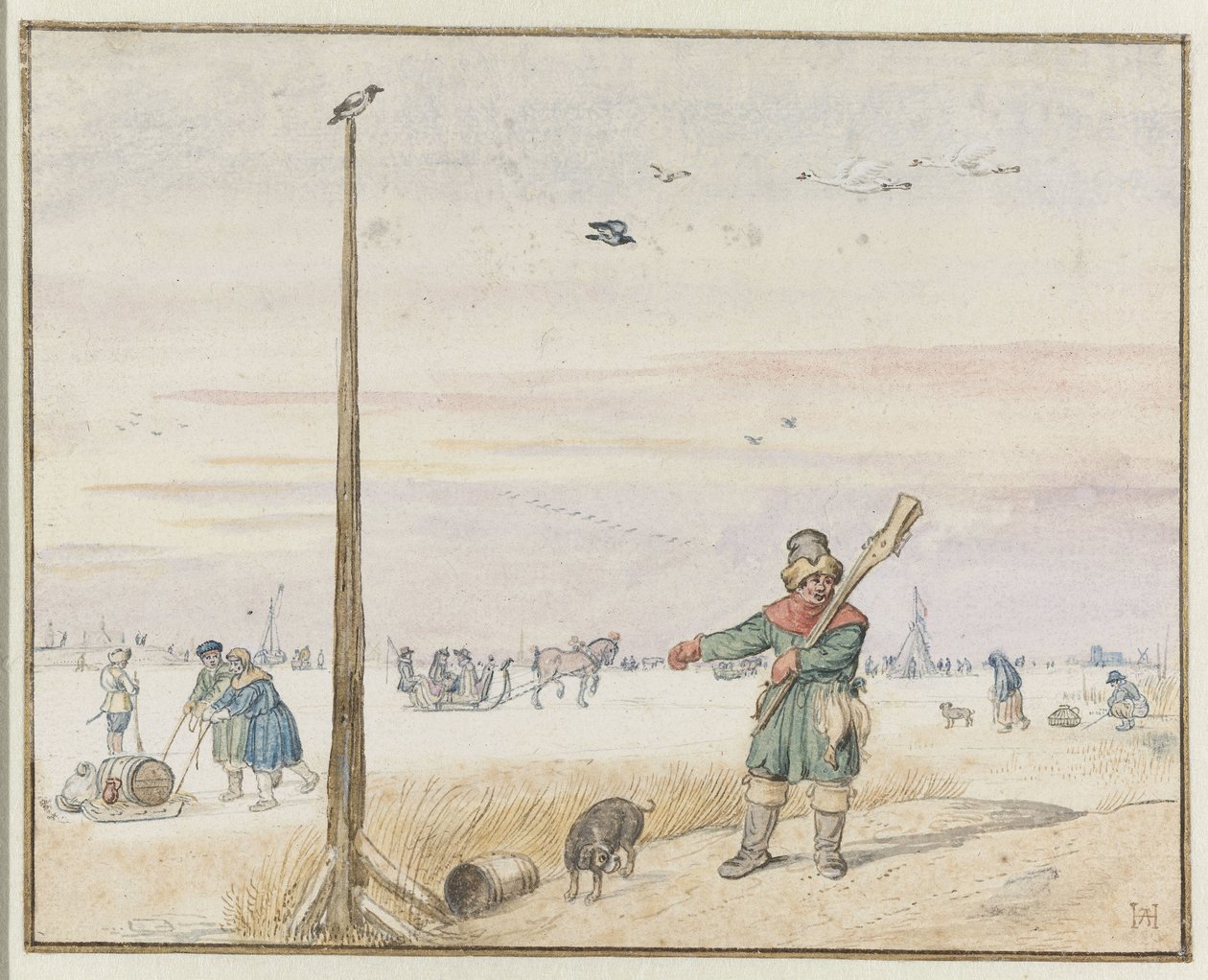 Vinterlandskap med en andejeger med vilt i beltet og pistolen over skulderen på bredden av en frossen elv av Hendrick Avercamp