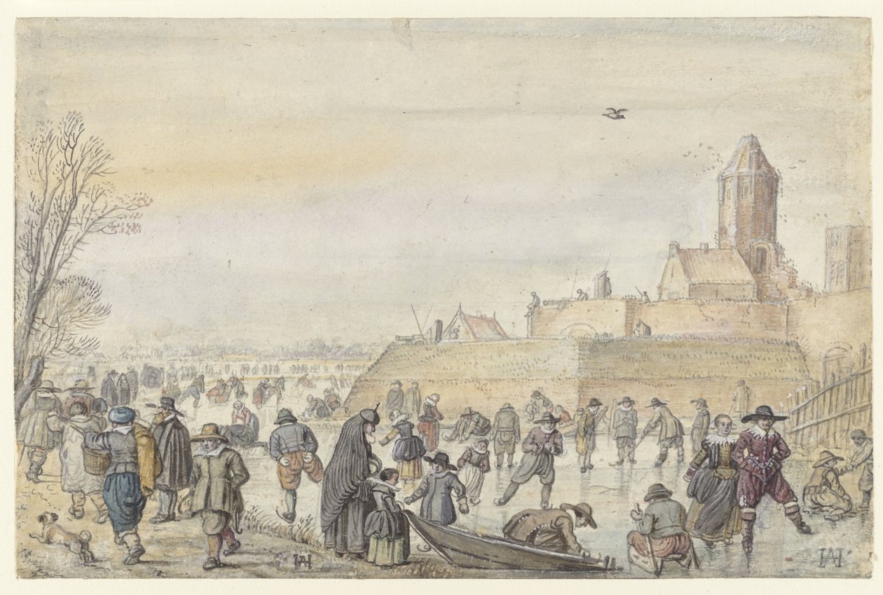 Vinterscene på den frosne kanalen nær Kalverhekkenpoort, Kampen / verso: Skisser av figurer på isen av Hendrick Avercamp