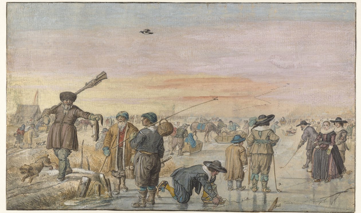 Vinterscene på isen, med en jeger som viser en oter av Hendrick Avercamp