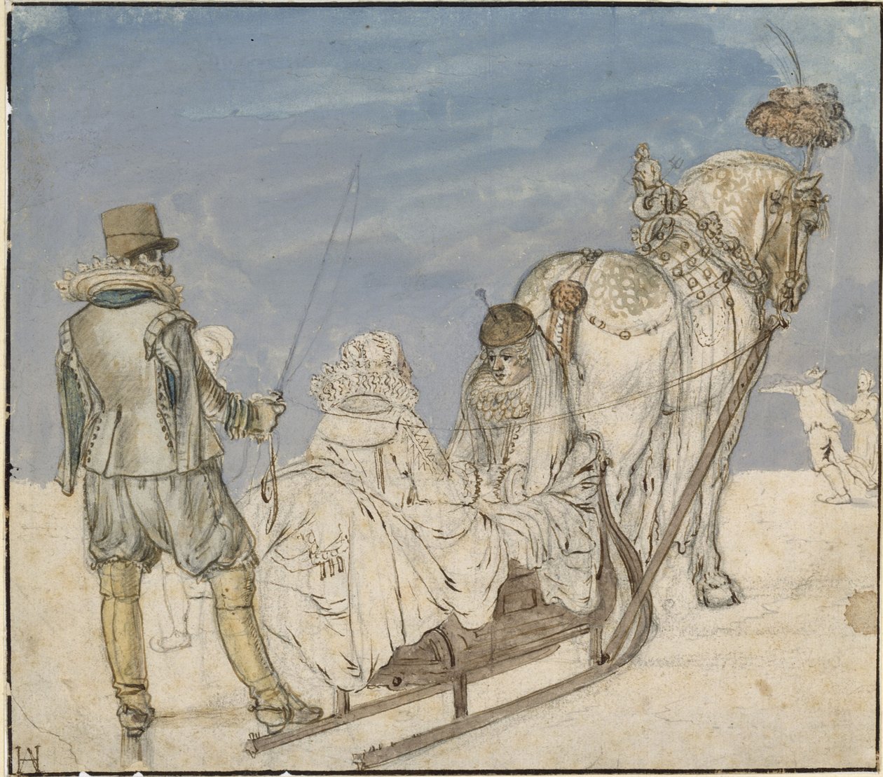 Vinter: sleder på isen med to damer og en herre av Hendrick Avercamp