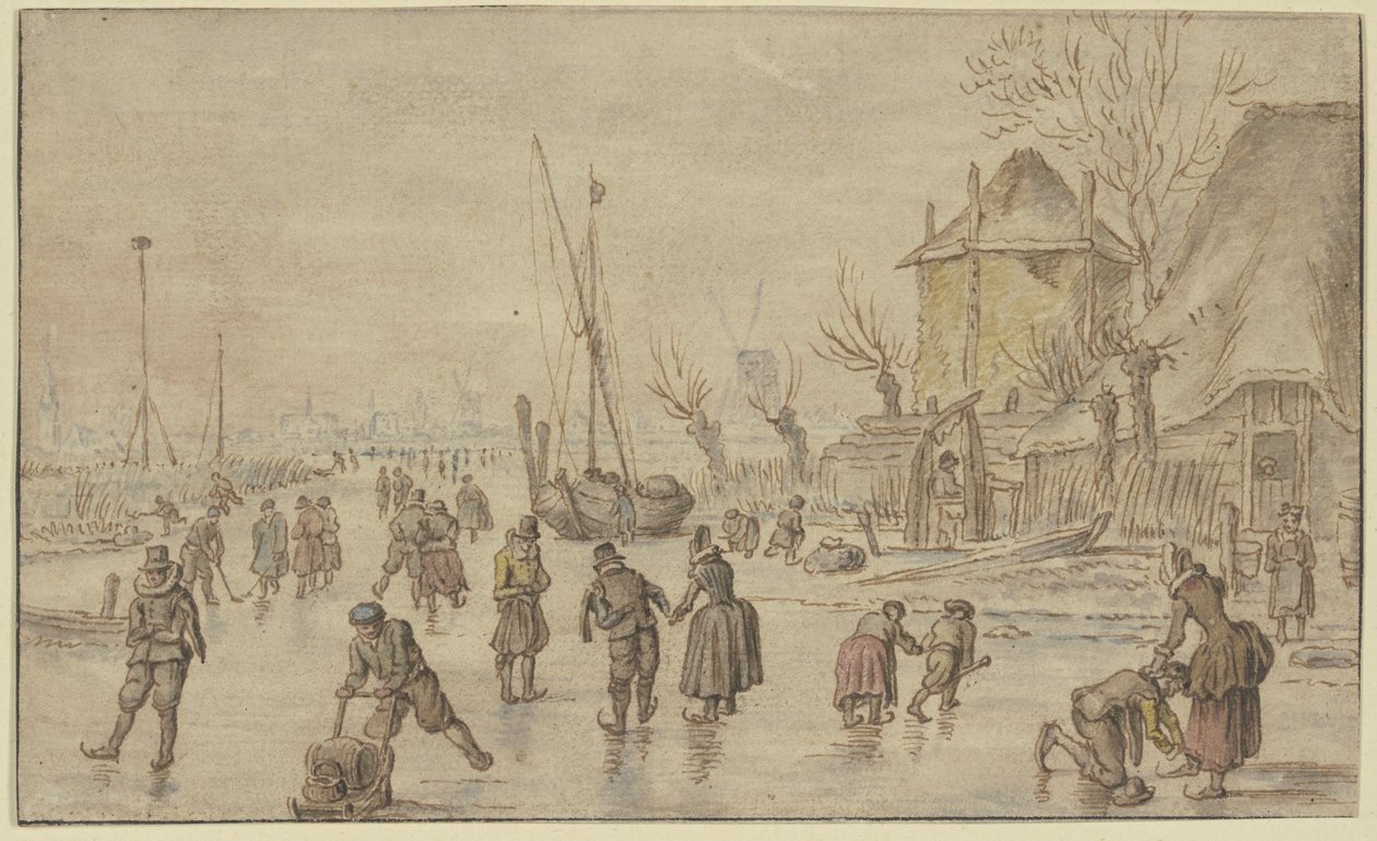 Vinterlandskap, mange skøyteløpere på isen, til høyre fester en mann en kvinnes skøyter av Hendrick Avercamp