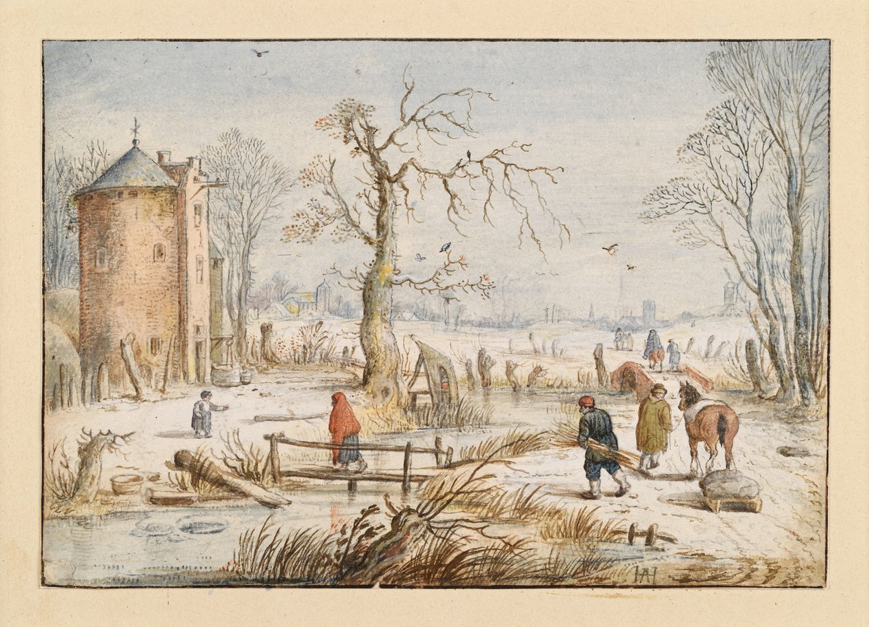 Vinterlandskap med rundt tårn av Hendrick Avercamp