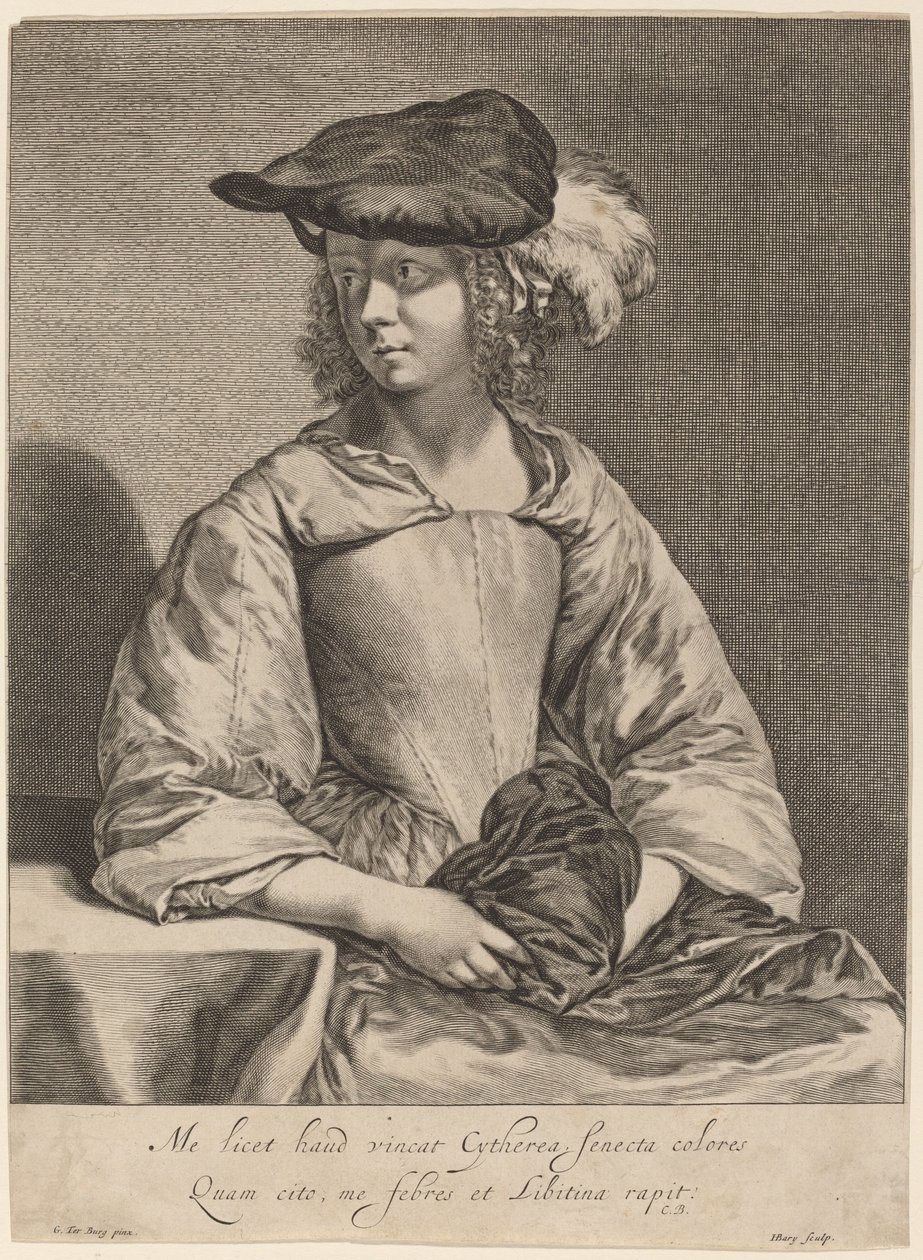 Jente i en Plumed Hat av Hendrick Bary after Gerard ter Borch the Younger