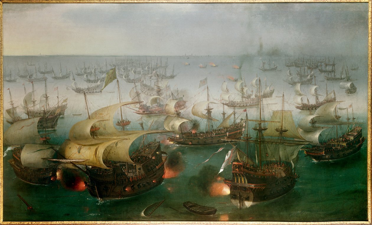 Den uovervinnelige armadaen mot den engelske flåten: "" 7th day of the Battle with the Armada, 07/08/1588", Maleri av Hendrick Cornelisz Vroom (1566-1640) av Hendrick Cornelisz. Vroom