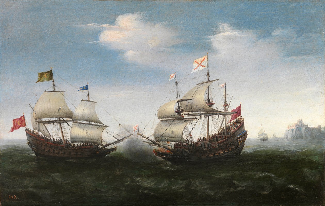 Åttiårskrig - (Quatre Vingts Ans, eller Nederlandenes opprør, eller tiggerekrigen) Sjøkamp mot en steinete kyst av Vroom, Hendrick Cornelisz. (1562/3-1640) av Hendrick Cornelisz. Vroom