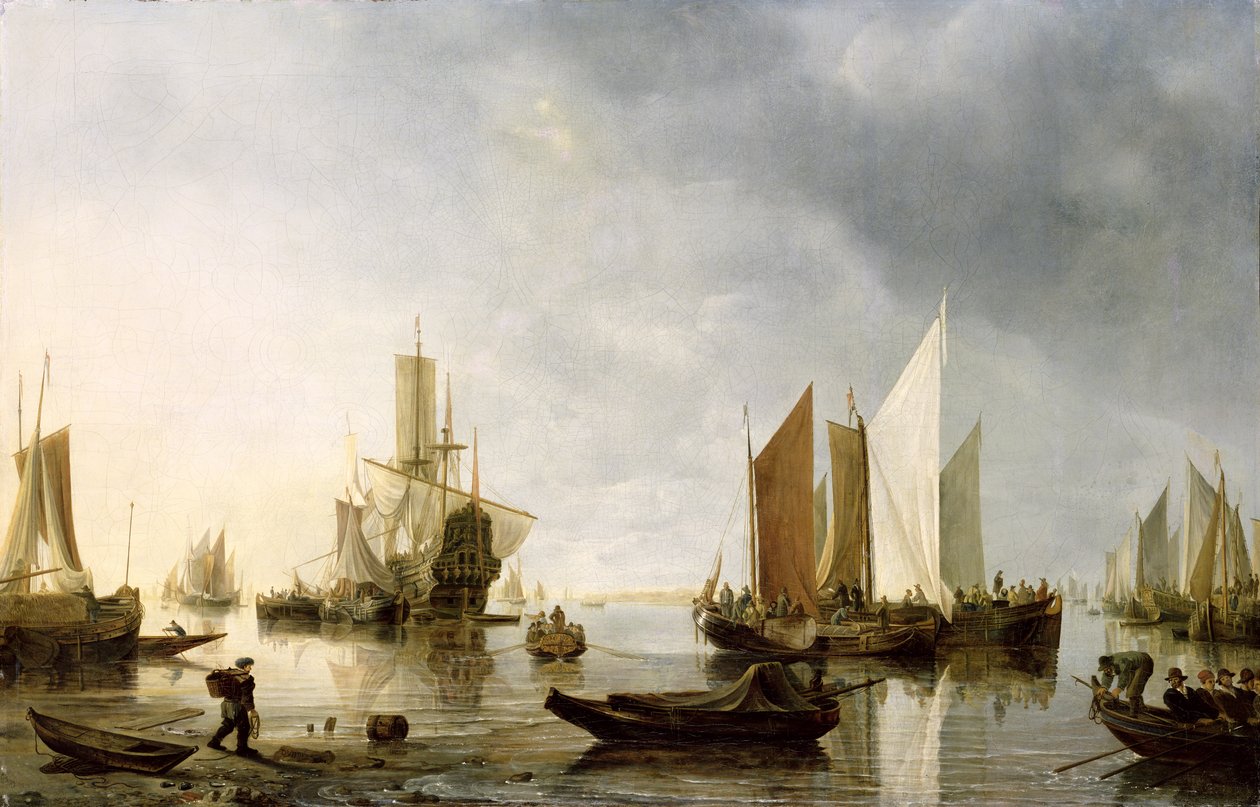 Havn med ankrede skip, 1655-60 av Hendrick Dubbels