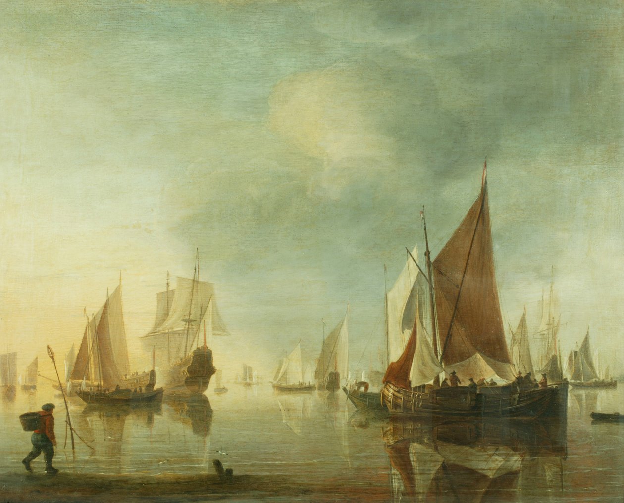 Frakt for anker offshore i et stille hav; kveldslys, ca. 1650-60 (olje på panel) av Hendrick Dubbels