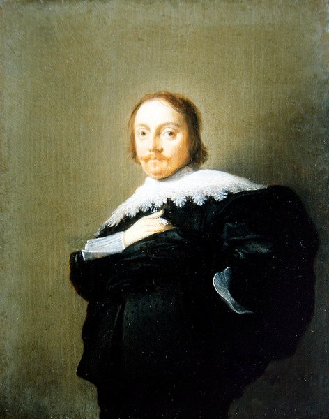 Et portrett av en gentleman i svart dress og blondekrage av Hendrick Gerritsz Pot