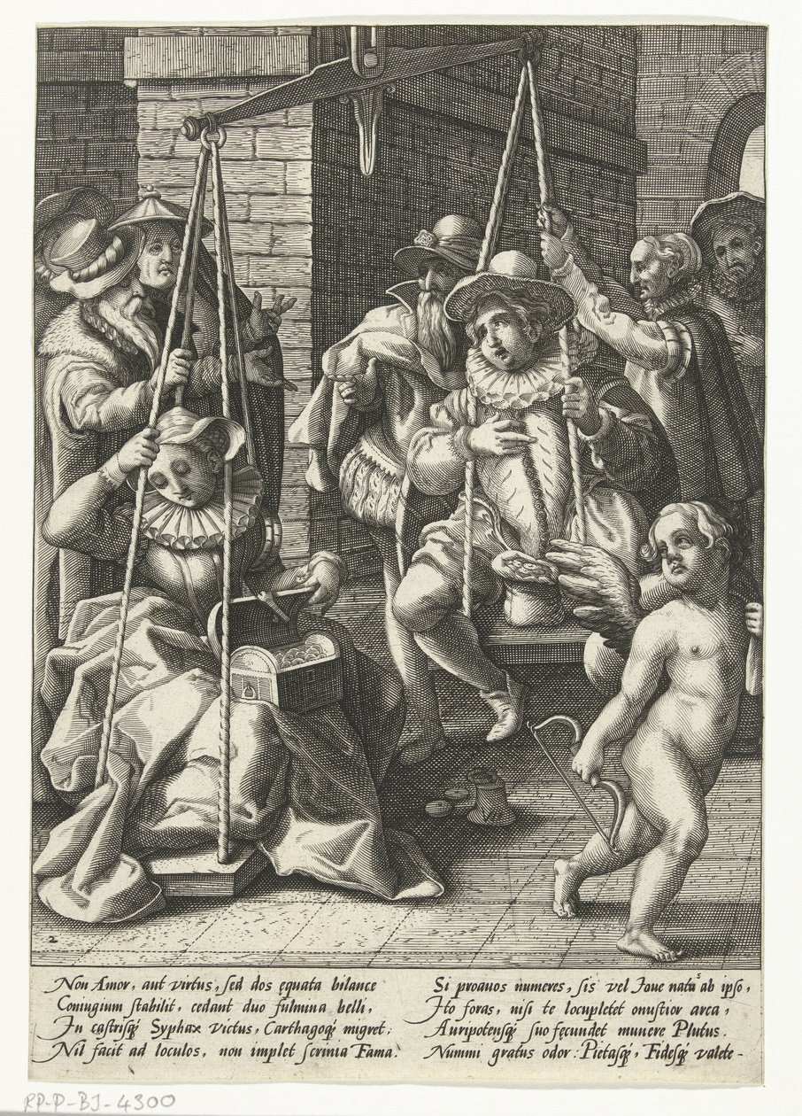 Ekteskapsskalaen Penger er den sanne kjærligheten Bryllupsskalaen Ordspråk etter Karel van Mander (serietittel) av Hendrick Goltzius (attributed to workshop of)