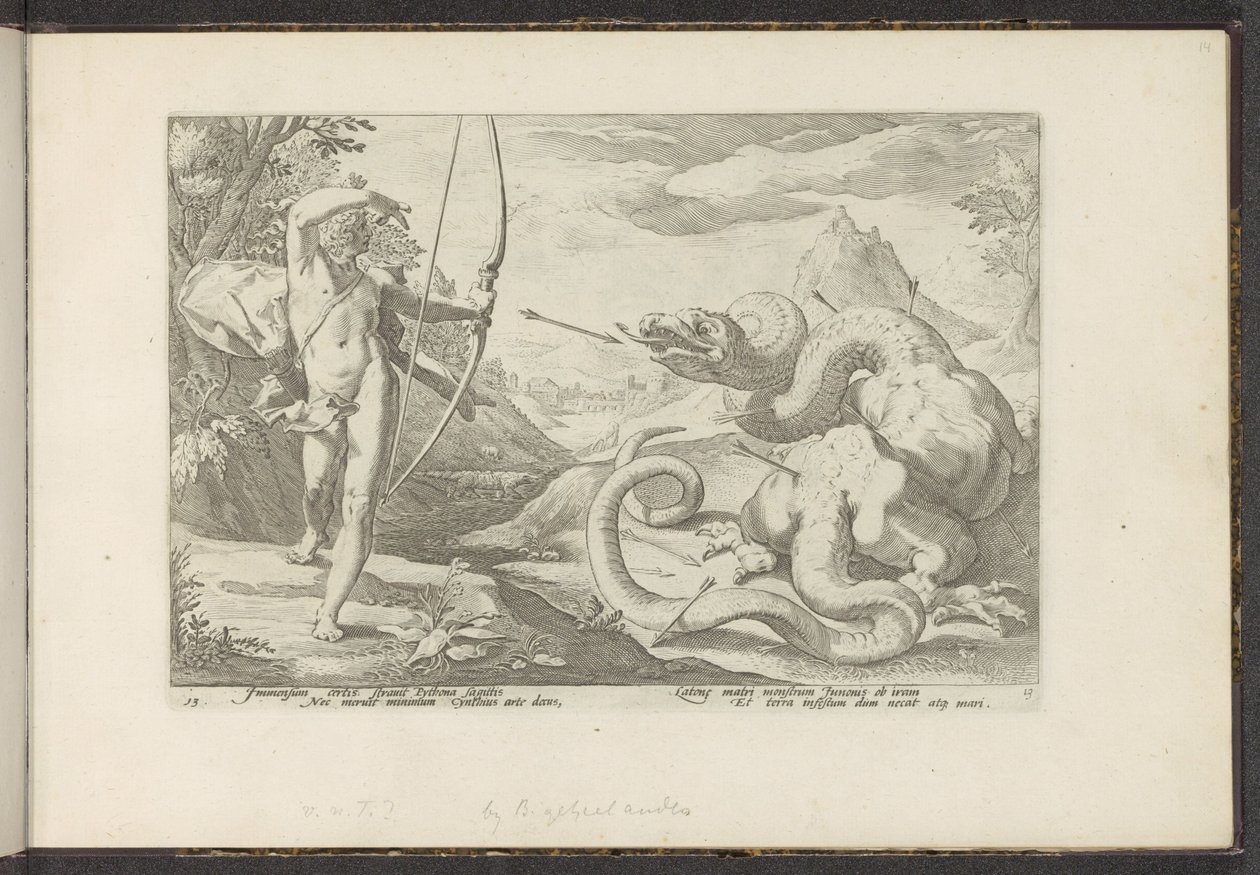 Apollo Slays the Giant Serpent Python Ovid's Metamorphoses (serietittel) P. Ovid's Recreations Naso (serietittel) av Hendrick Goltzius (workshop of)