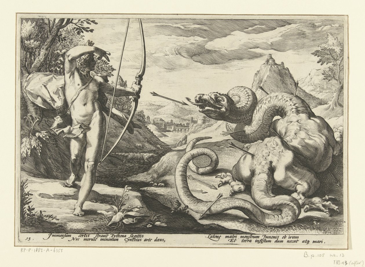 Apollo dreper den gigantiske slangen Python Ovids metamorfoser (serietittel) av Hendrick Goltzius (workshop of)