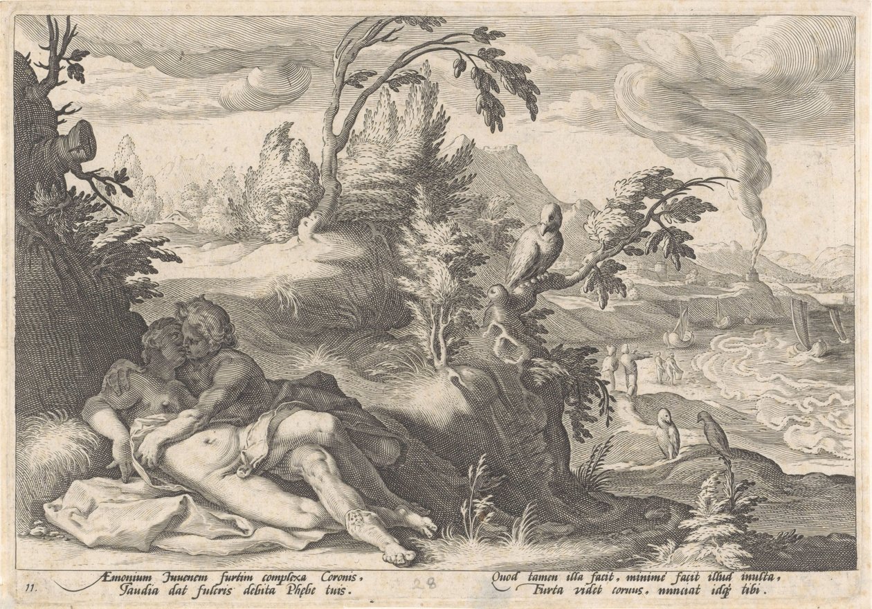 Apollo en Coronis Metamorfosen van Ovidius (serietittel) av Hendrick Goltzius (workshop of)