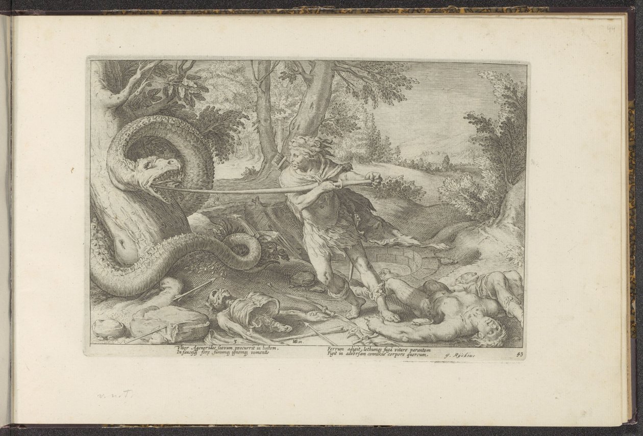 Cadmus dreper dragen Ovids metamorfoser (serietittel) Gjenskapninger av P. Ovidius Naso (serietittel) av Hendrick Goltzius (workshop of)