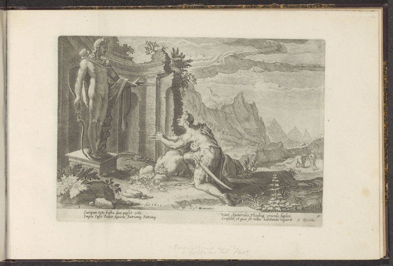 Cadmus spør oraklet i Delphi hva de skal gjøre nå som han ikke har klart å finne søsteren Europa Ovids metamorfoser (serietittel) Gjenskapninger av P. Ovidius Naso (serietittel) av Hendrick Goltzius (workshop of)