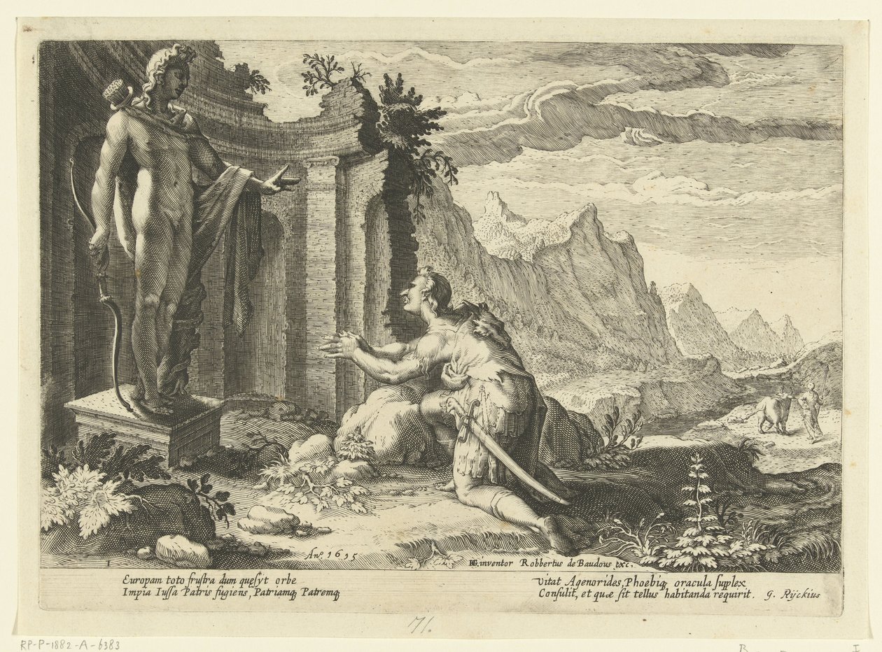 Cadmus spør orakelet i Delphi hva de skal gjøre nå som han ikke har klart å finne søsteren Europa Ovids metamorfoser (serietittel) av Hendrick Goltzius (workshop of)