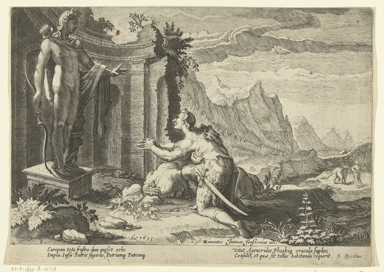 Cadmus spør oraklet i Delphi hva de skal gjøre nå som han ikke har klart å finne søsteren Europa Ovids metamorfoser (serietittel) av Hendrick Goltzius (workshop of)