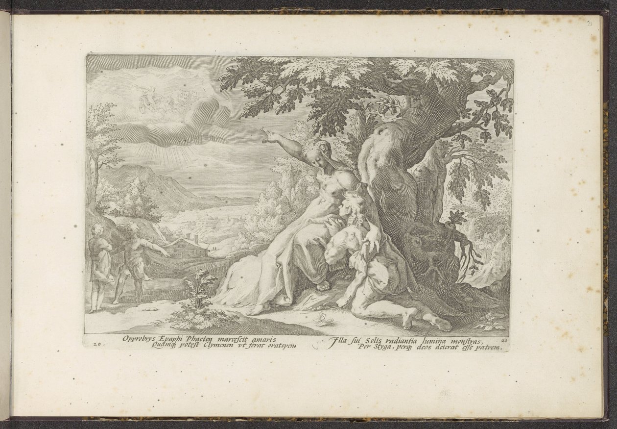 Clymene peker på Phaethon sin far, solguden Ovids metamorfoser (serietittel) Gjenskapninger av P. Ovidius Naso (serietittel) av Hendrick Goltzius (workshop of)