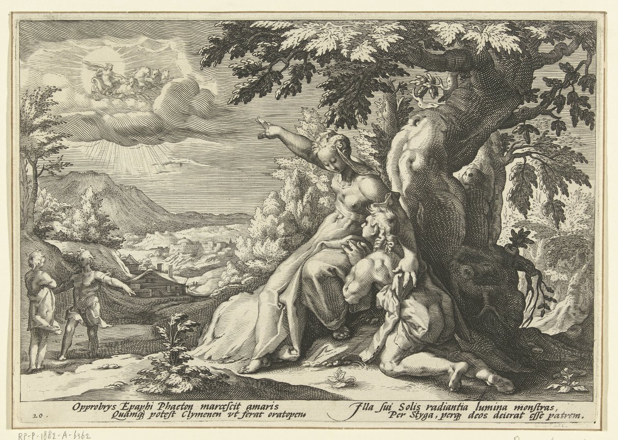 Clymene tildeler Phaethon sin far, solguden Ovids metamorfoser (serietittel) av Hendrick Goltzius (workshop of)