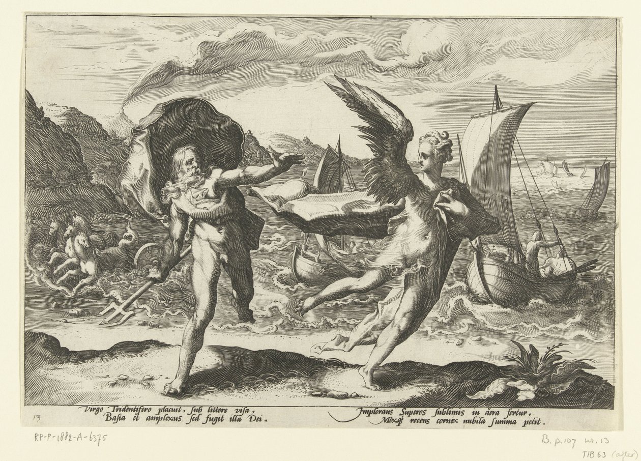 Gesimsen blir til en een kraai Neptune og Coronis Ovids Metamorfosen (serietittel) av Hendrick Goltzius (workshop of)