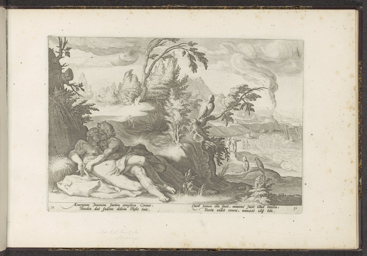 Corvus fanger jenta Coronis Ovids metamorfoser (serietittel) Gjenskapninger av P. Ovidius Naso (serietittel) av Hendrick Goltzius (workshop of)