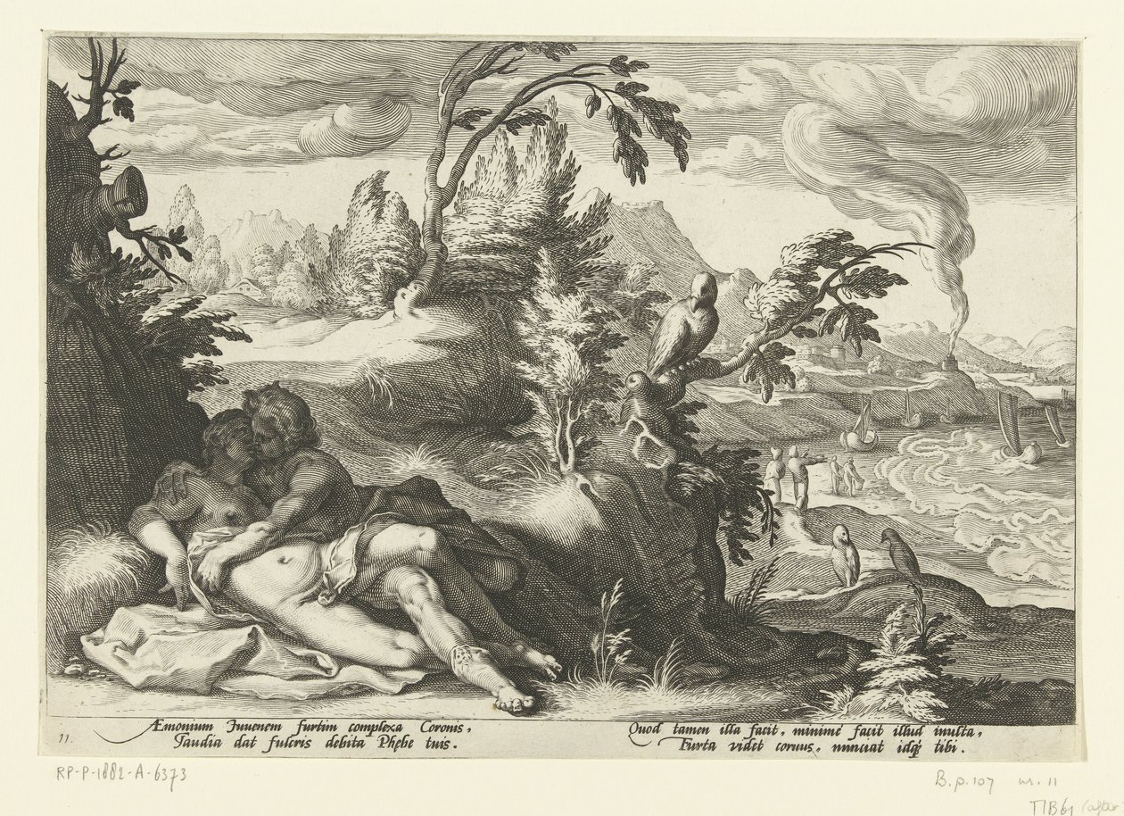 Corvus fanger jenta Coronis Ovids Metamorphoses (serietittel) av Hendrick Goltzius (workshop of)