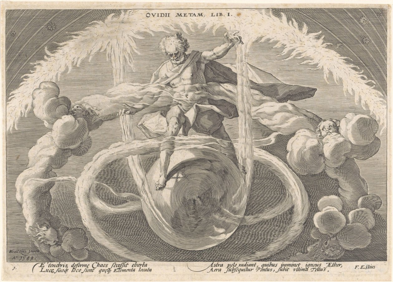 Skapelsen av de fire elementene Metamorphoses of Ovid (serietittel) av Hendrick Goltzius (workshop of)