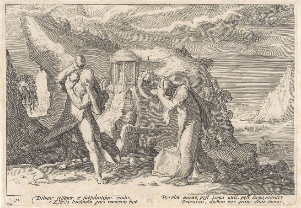Deucalion og Pyrrha skaper en ny rase av menneskers metamorfoser av Ovid (serietittel) av Hendrick Goltzius (workshop of)
