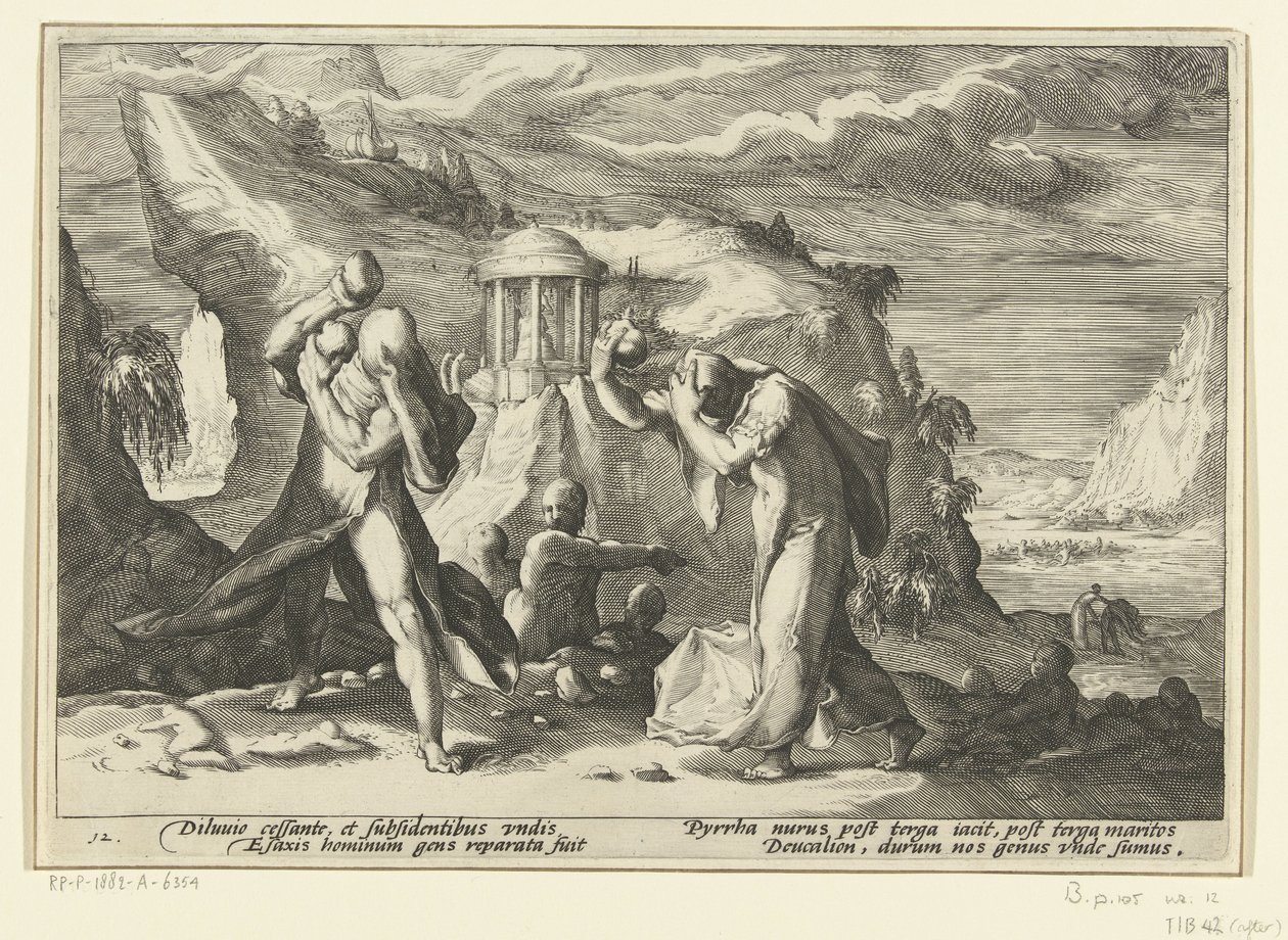 Deucalion og Pyrrha skaper en ny menneskerase Ovids metamorfoser (serietittel) av Hendrick Goltzius (workshop of)